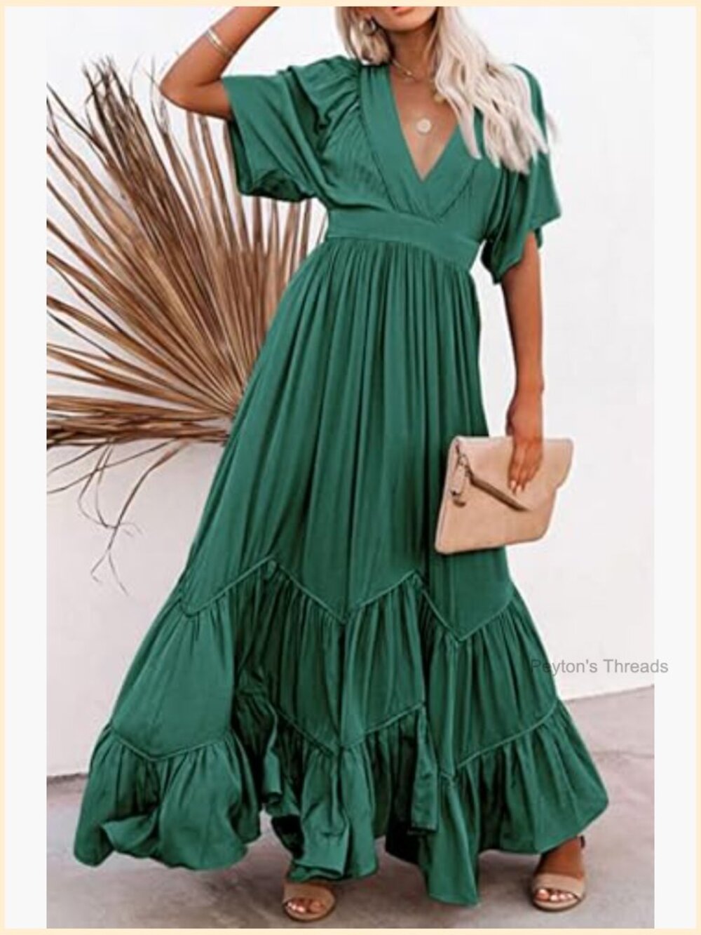 Women's Boho Ruffle Sleeve Flowy Maxi Dress Lace Up Back Tiered A Line Dress - Picture 4 of 6